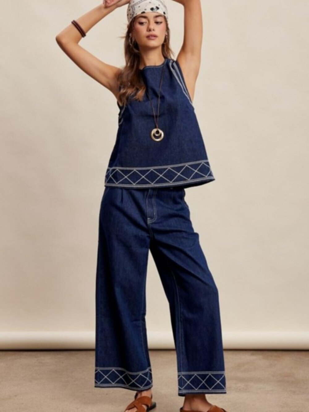 LISTICLE Embroidered Denim Tank & Wide Leg Pants Set Indigo Size M NWT